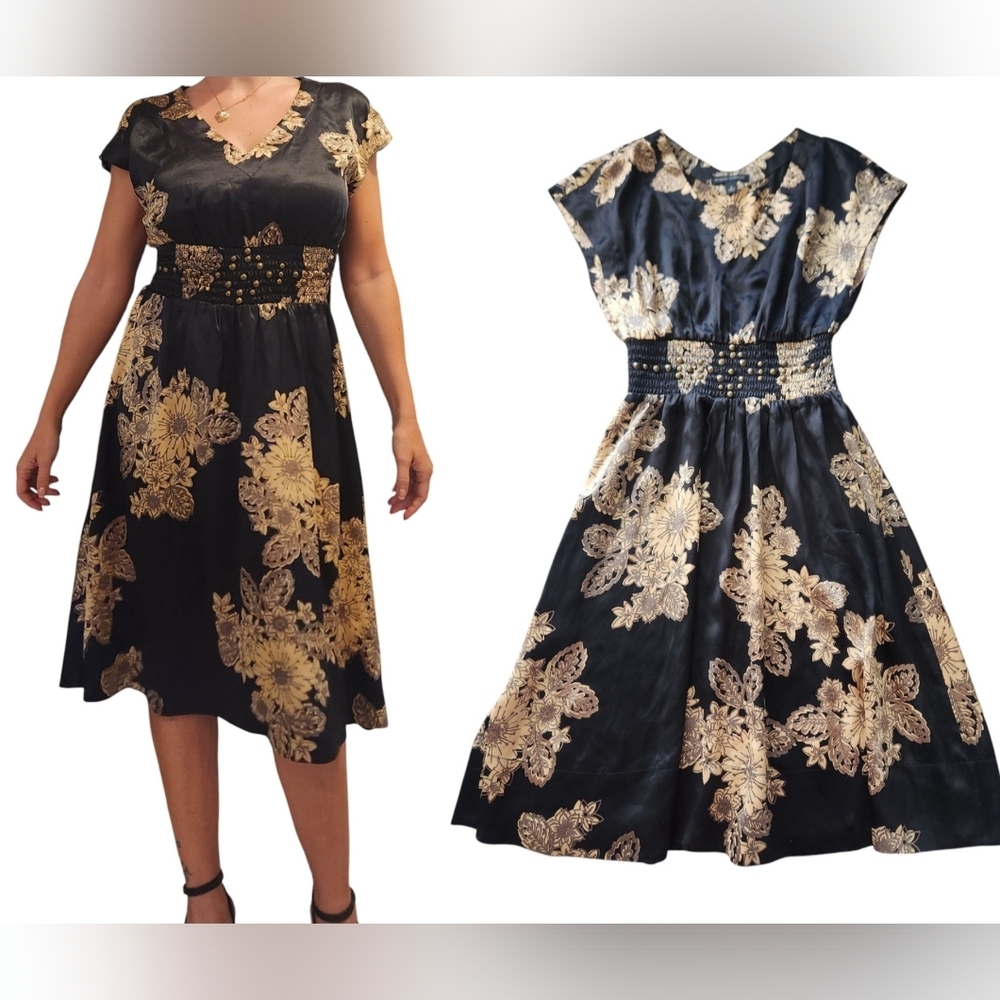 Banana Republic 100%‎ Silk Studded Floral Midi Dress Sz 4 Black Smocked Empire